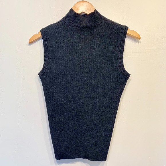 Caché | Sheer Lace Ribbed Mock Neck Sleeveless Blouse Tank Top - Picture 4 of 5